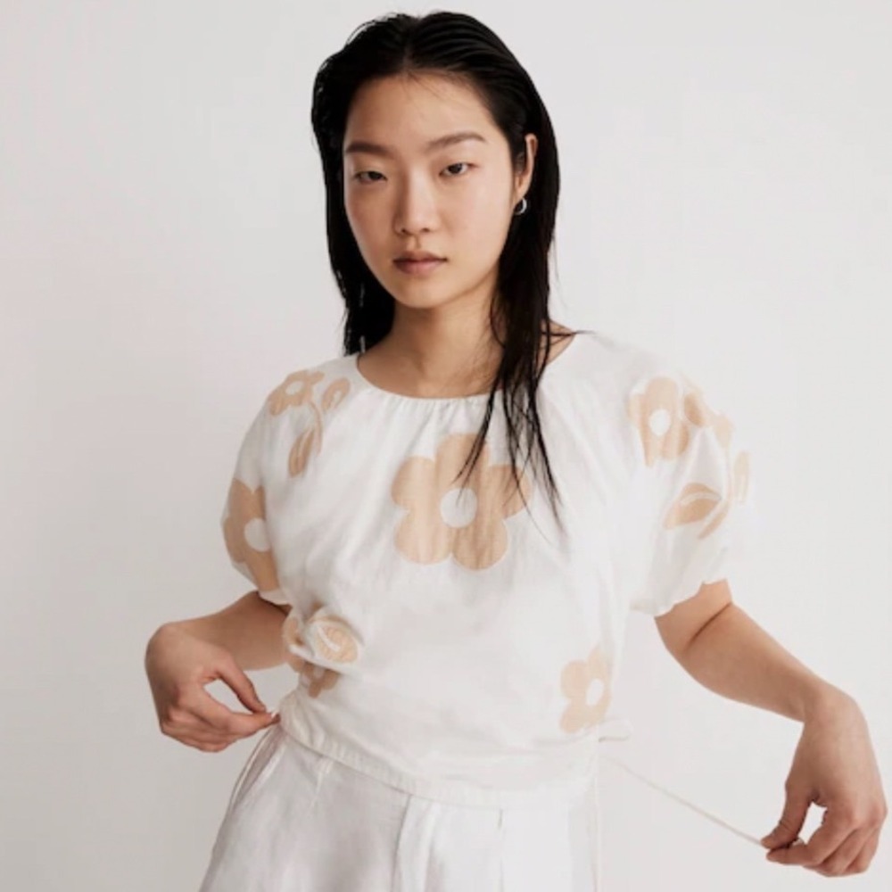 Madewell Embroidered Poplin Puff Sleeve Cutout Crop Top White Floral Large L